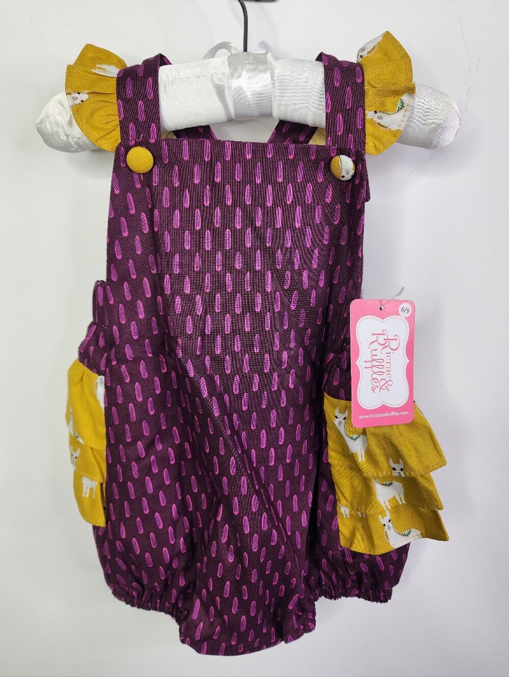Ruffle Bubble Lama Pattern, Yellow, Purple, 6-9M